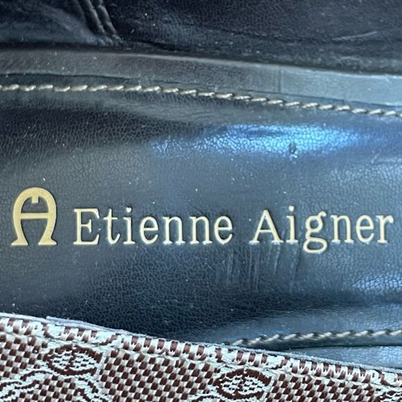 Vintage Etienne Aigner Cherise Logo Print Peep-Toe Heels Brown Open Toe 6.5 - Picture 11 of 12
